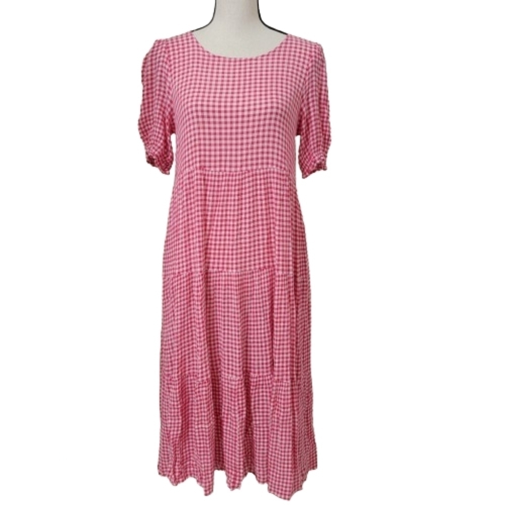 Petal & Pup Size 4 "Rizzo" Red/Pink & White Gingham Plaid Tiered Midi Dress, EUC